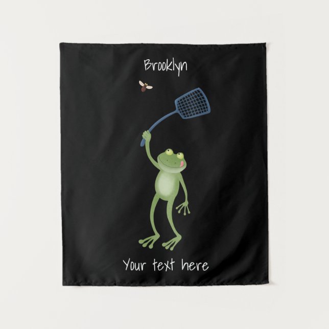 Funny green frog swatting fly cartoon tapestry (Front)