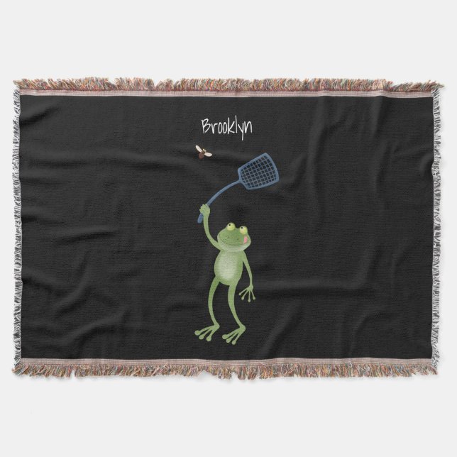 Funny green frog swatting fly cartoon  throw blanket (Front)