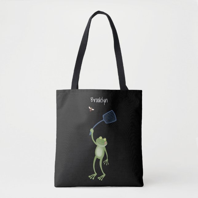 Funny green frog swatting fly cartoon  tote bag (Front)