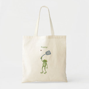 Funny green frog swatting fly cartoon tote bag
