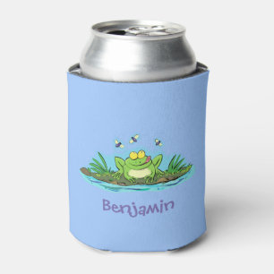 Funny green frog with flies cartoon illustration can cooler