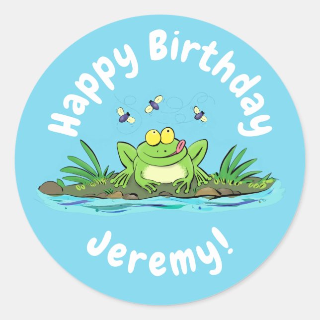 Funny green frog with flies cartoon illustration classic round sticker (Front)