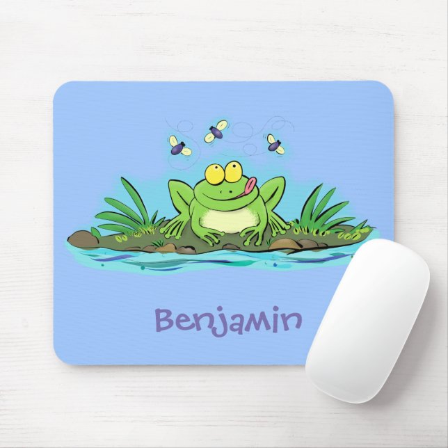 Funny green frog with flies cartoon illustration mouse pad (With Mouse)