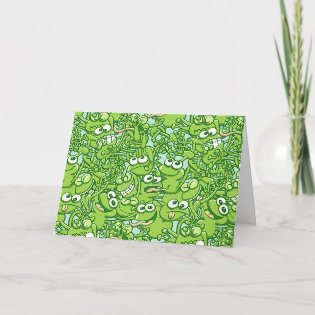 Funny green frogs entangled in a messy pattern card (Front)
