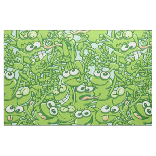 Funny green frogs entangled in a messy pattern fabric