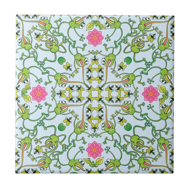 Funny green frogs hunting flies mandala design ceramic tile (Front)