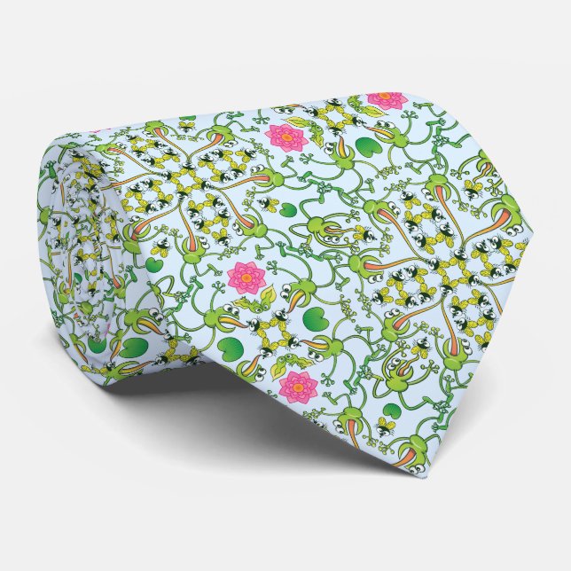 Funny green frogs hunting flies mandala design tie (Rolled)