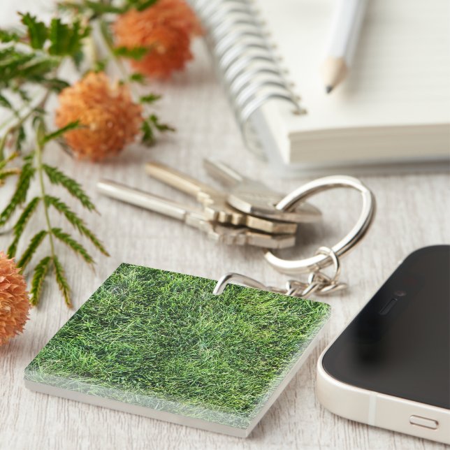 Funny green grass real photo texture pattern fun key ring (Front Right)