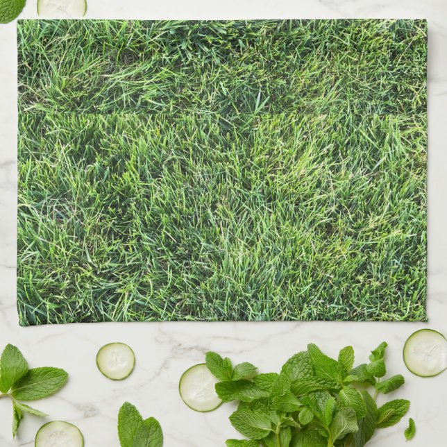 Funny green grass real photo texture pattern fun tea towel (Folded)