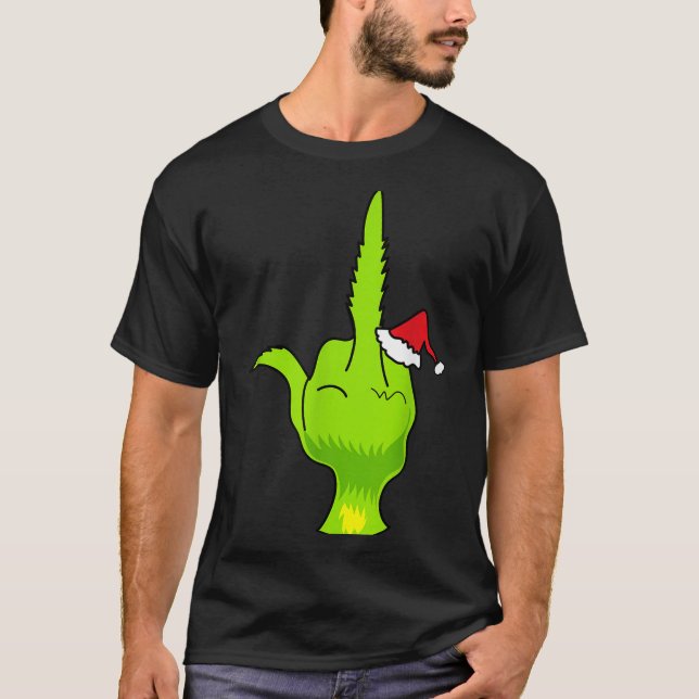 Funny Green Hand Middle Finger Xmas Santa  T-Shirt (Front)