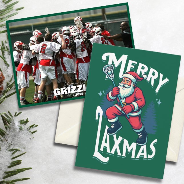 Funny Green Merry Laxmas Lacrosse Team Christmas Holiday Card (“Merry Laxmas” lacrosse Christmas card with Santa design and team photo on snowy background.)