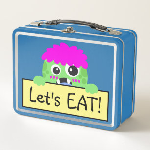 Funny Green Monster with Pink Hair School Buddy Metal Lunch Box