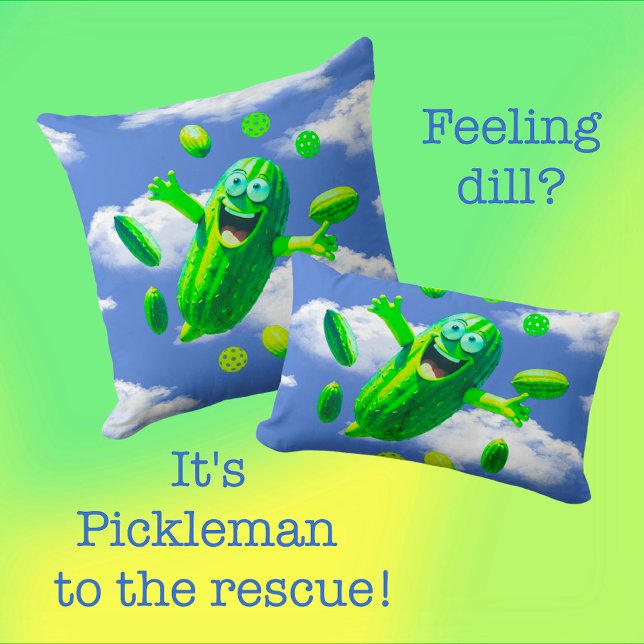 Funny Green Pickleman In The Sky  Cushion (Fun pillows for the kiddos or the young at heart!)