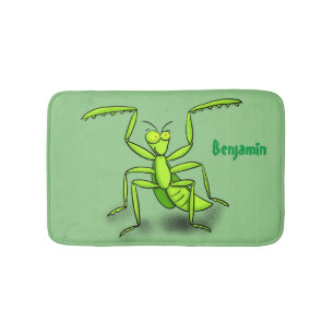 Funny green praying mantis cartoon illustration bath mat