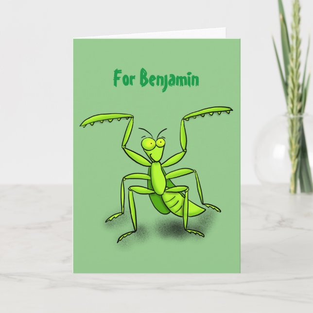 Funny green praying mantis cartoon illustration card (Front)