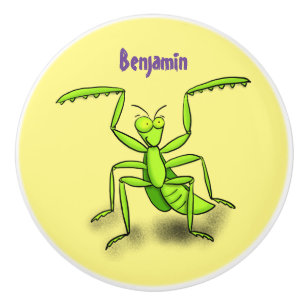 Funny green praying mantis cartoon illustration ceramic knob