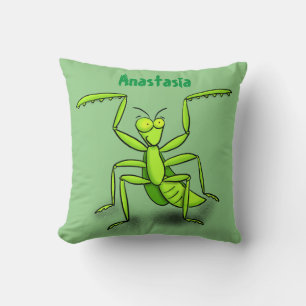 Funny green praying mantis cartoon illustration cushion