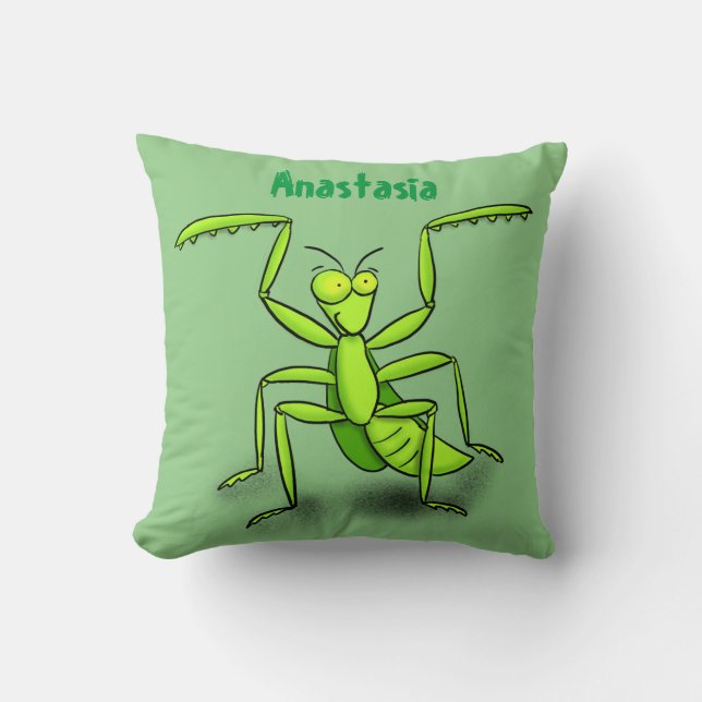 Funny green praying mantis cartoon illustration cushion (Front)