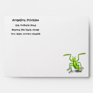 Funny green praying mantis cartoon illustration envelope
