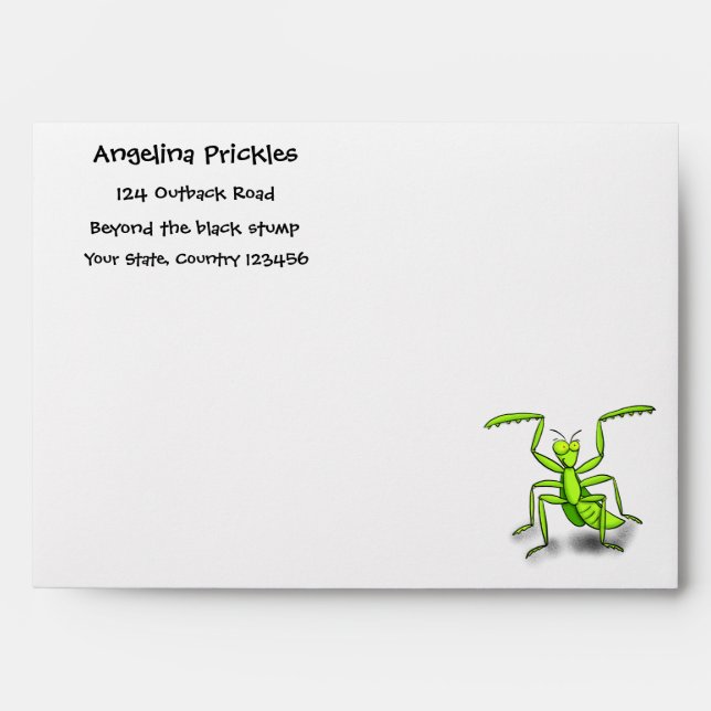 Funny green praying mantis cartoon illustration envelope (Front)