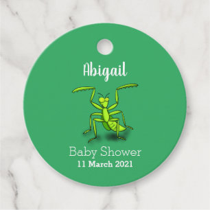 Funny green praying mantis cartoon illustration favour tags
