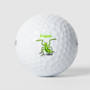 Funny green praying mantis cartoon illustration golf balls