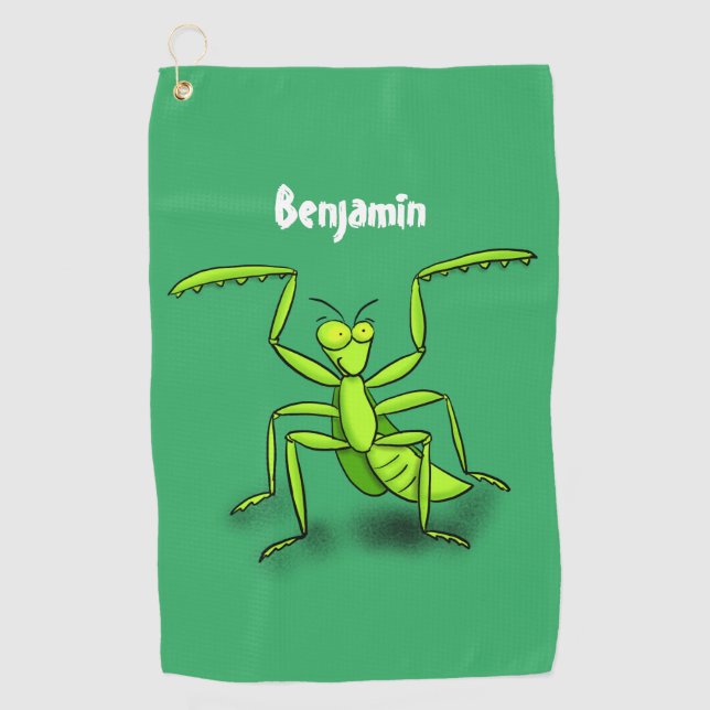 Funny green praying mantis cartoon illustration golf towel (Front)