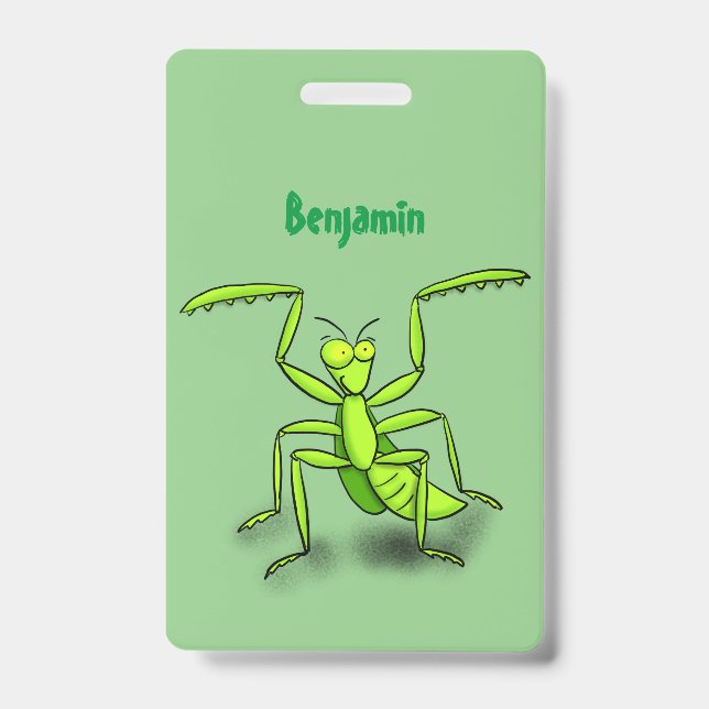 Funny green praying mantis cartoon illustration ID badge (Front)