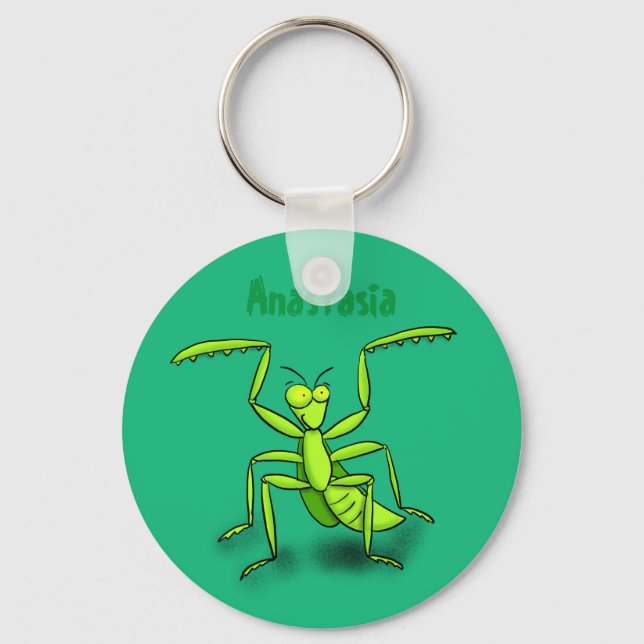 Funny green praying mantis cartoon illustration key ring (Front)