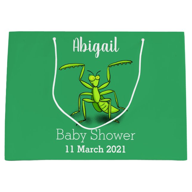 Funny green praying mantis cartoon illustration large gift bag (Front)