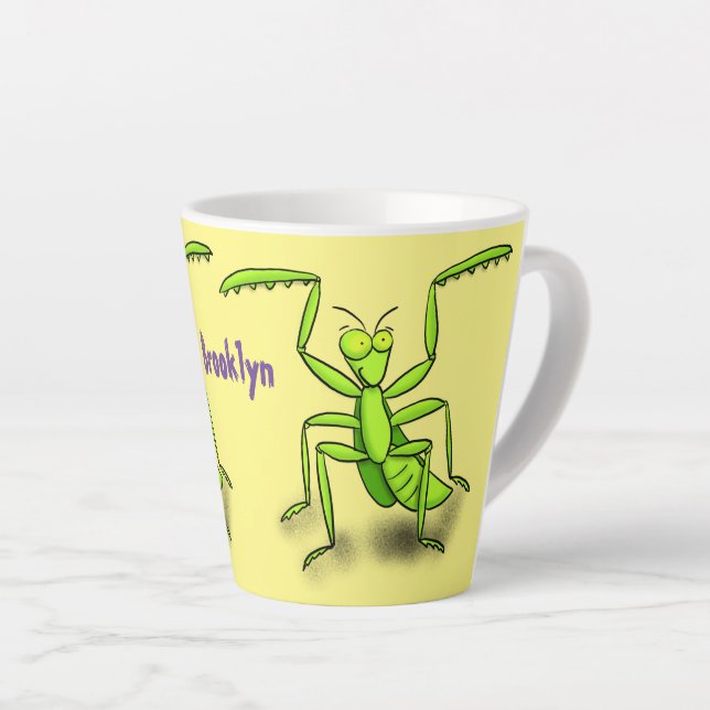 Funny green praying mantis cartoon illustration latte mug (Right Angle)