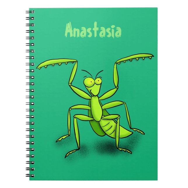 Funny green praying mantis cartoon illustration notebook (Front)