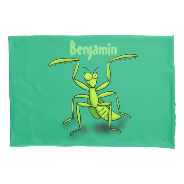 Funny green praying mantis cartoon illustration pillowcase (Front)