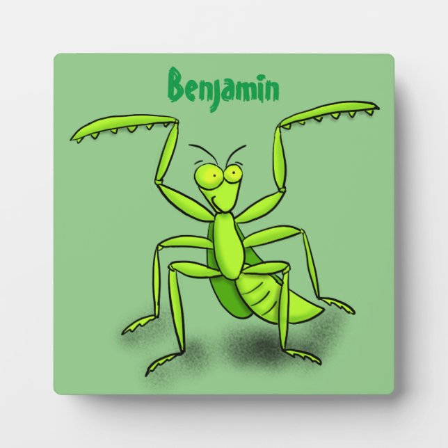 Funny green praying mantis cartoon illustration plaque (Front)