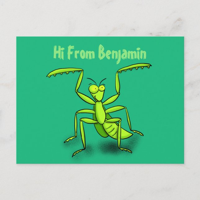 Funny green praying mantis cartoon illustration postcard (Front)