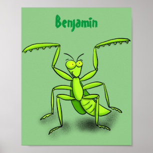 Funny green praying mantis cartoon illustration poster