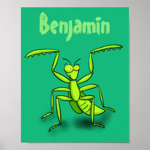 Funny green praying mantis cartoon illustration poster