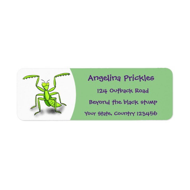 Funny green praying mantis cartoon illustration return address label (Front)