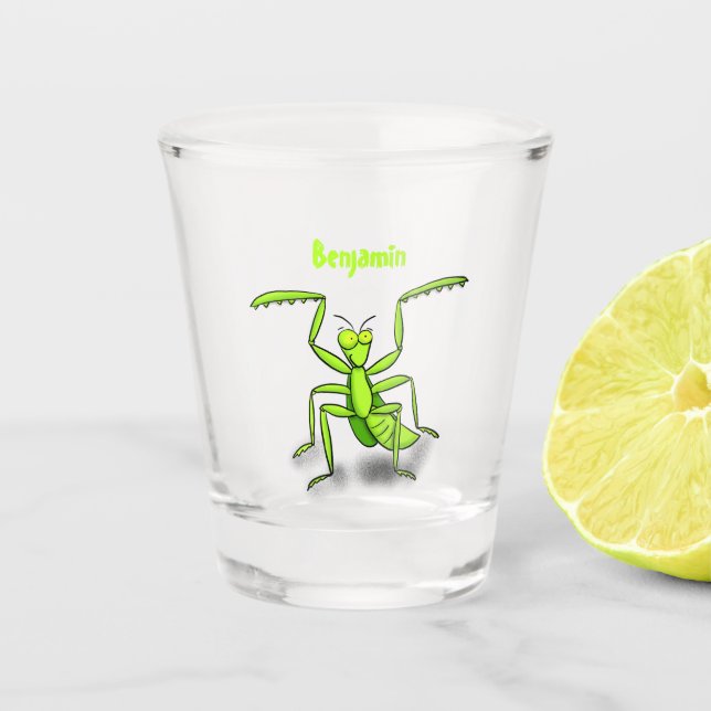 Funny green praying mantis cartoon illustration shot glass (Front)