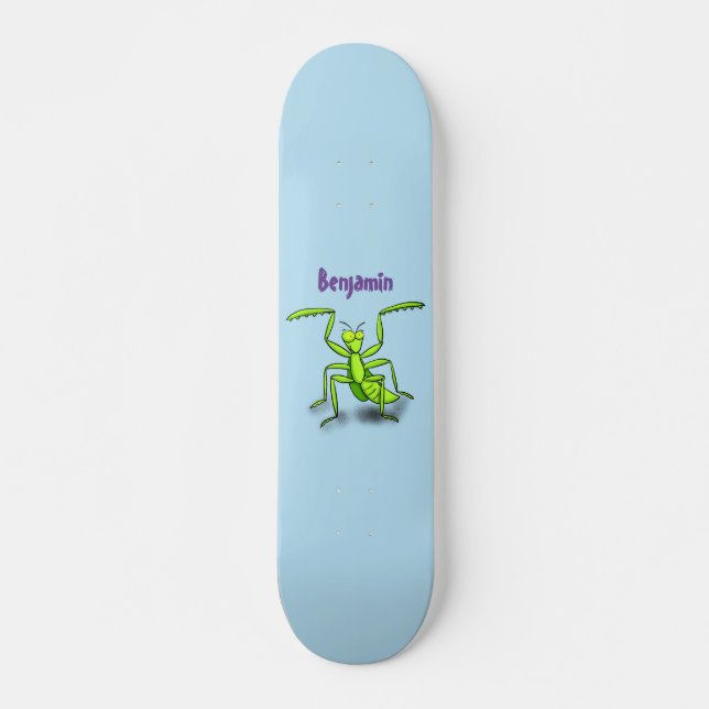Funny green praying mantis cartoon illustration skateboard (Front)