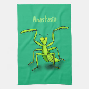 Funny green praying mantis cartoon illustration tea towel