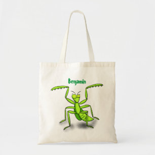 Funny green praying mantis cartoon illustration tote bag