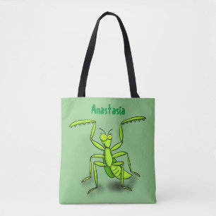 Funny green praying mantis cartoon illustration tote bag
