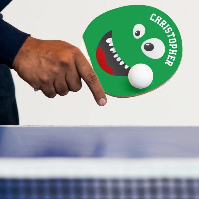 Funny Green Scary Face Novelty Personalised Name Ping Pong Paddle (Insitu)