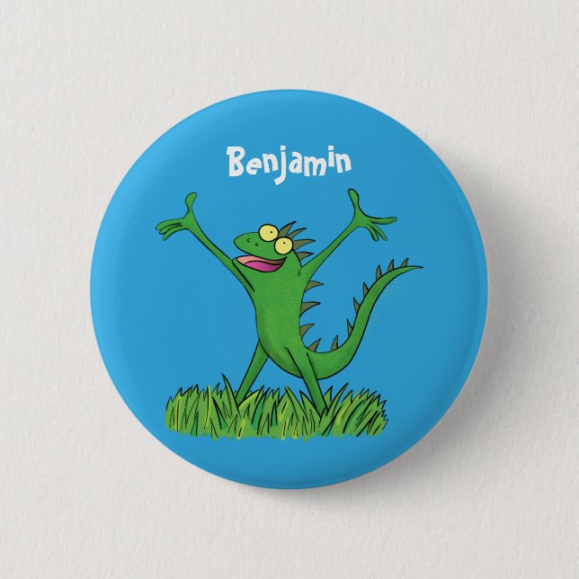 Funny green smiling animated iguana lizard 6 cm round badge (Front)