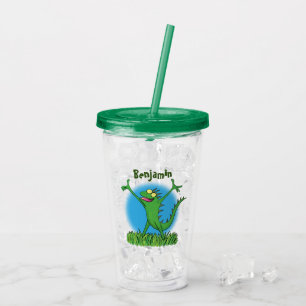 Funny green smiling animated iguana lizard acrylic tumbler