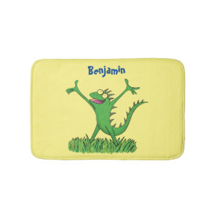 Funny green smiling animated iguana lizard bath mat