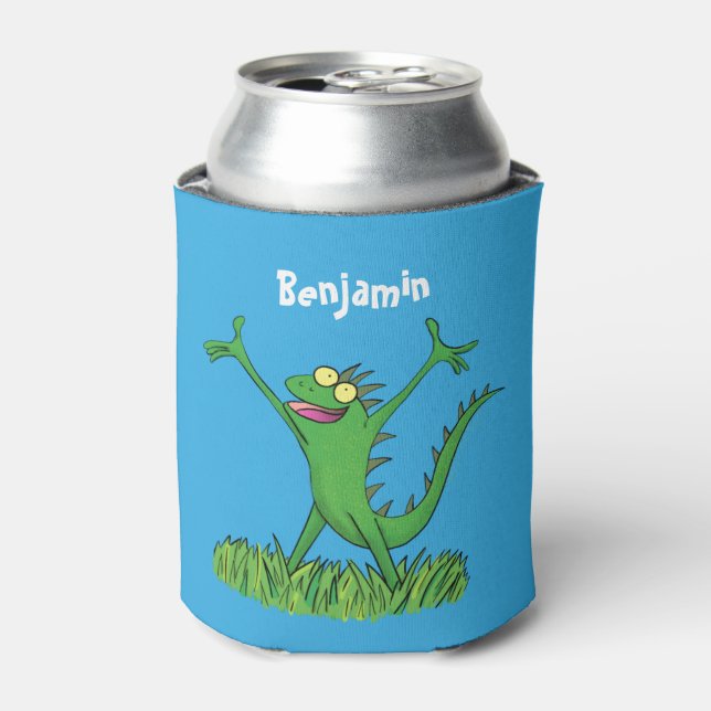Funny green smiling animated iguana lizard can cooler (Can Front)