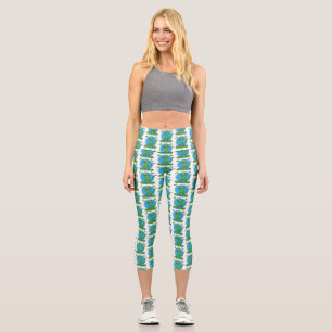 Funny green smiling animated iguana lizard capri leggings