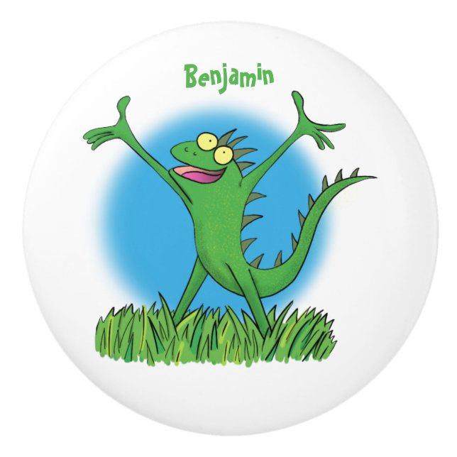 Funny green smiling animated iguana lizard ceramic knob (Front)